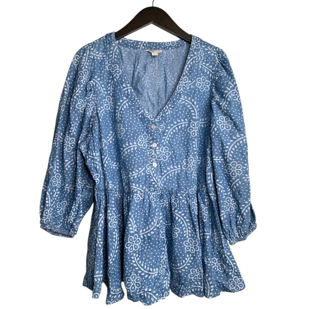 Blue Floral V-Neck Peplum Tunic Top